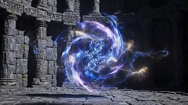 Dark Fantasy Game Environment with Ancient Stone Chamber and Floating Energy Portal