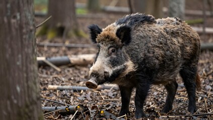 Wild boar stands in a forest full of dry leaves, looking off into the distance