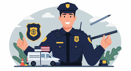 Smiling policeman in uniform with a badge and baton, symbolizing public safety, community service, and American law enforcement illustration. © Sabrina