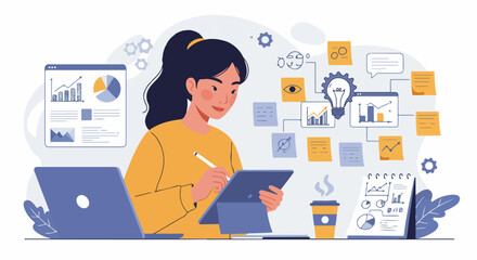 Naklejka premium Female professional analyzing business data and generating creative strategies using a digital tablet and laptop in a modern flat illustration.