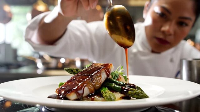 Culinary Craftsmanship: A chef delicately drizzles a rich sauce over a beautifully plated dish, showcasing the art of gastronomy and fine dining excellence.