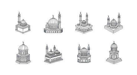 Hand-drawn black and white mosque icons set featuring domes and minarets, perfect for religious and cultural design projects