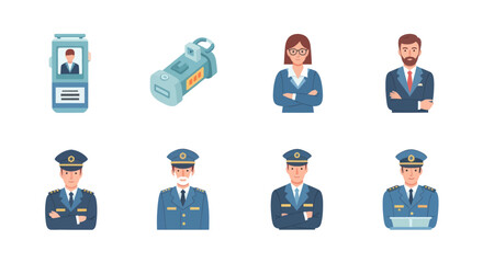 Vector collection of police officers and ID badge with body camera equipment, law enforcement concept for security and authority visuals