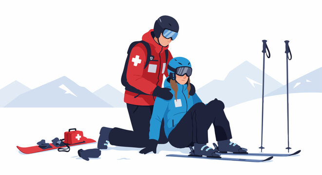 Ski Patrol administering first aid to an injured skier on the mountain slope after an accident, showing rescue and safety procedures in winter.