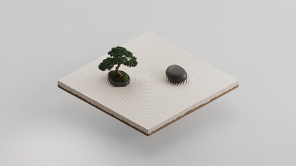 Isometric Zen Garden with Bonsai and Stone
