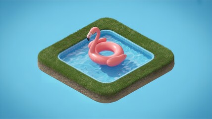 Isometric Swimming Pool Island with Flamingo Float