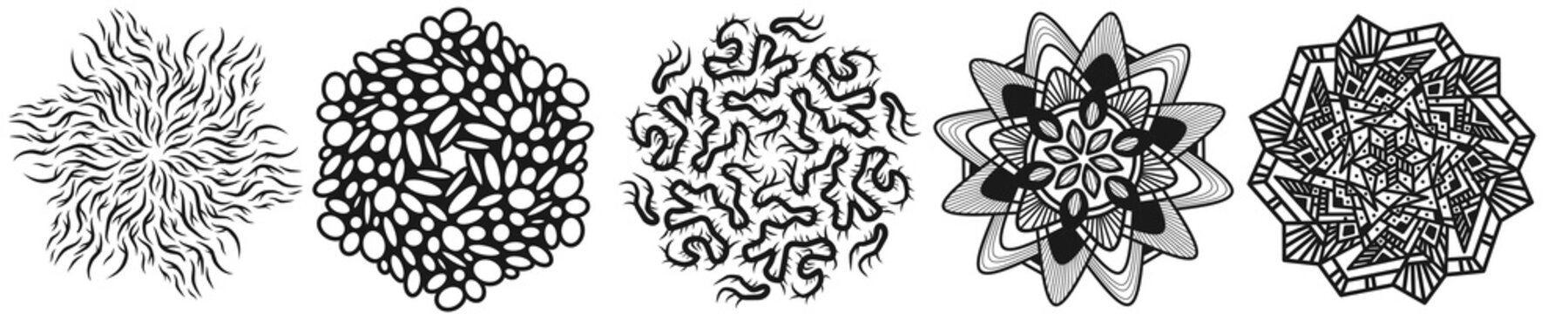 Collection of five unique black mandala and tribal circular ornaments.
