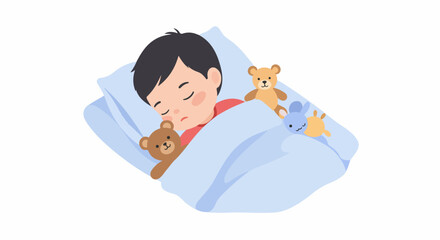 Peaceful illustration of a cute young child sleeping soundly in bed, holding a teddy bear.