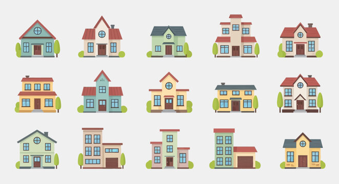 Modern House Illustration Collection: Set Colorful Residential Building Vector Icons for Real Estate and Web Design