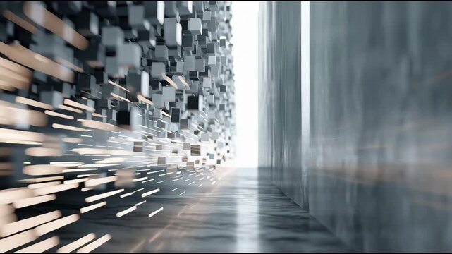 A futuristic corridor scene with cubes flying towards a bright light exit in a sleek metallic environment.