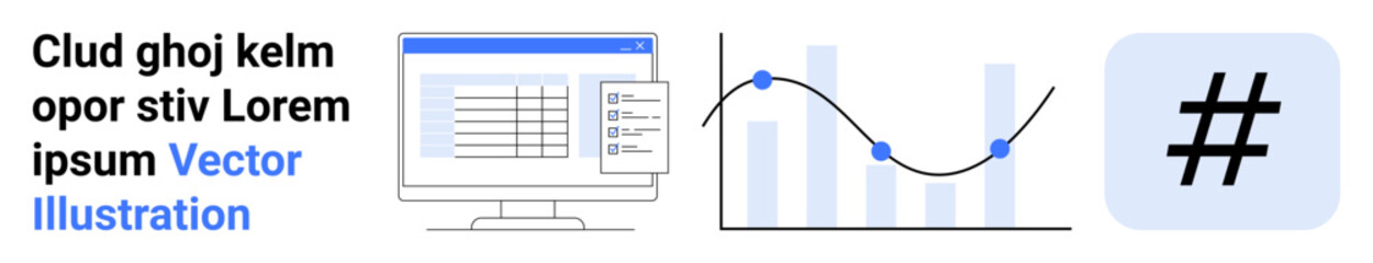 Obraz premium Computer screen with a spreadsheet, line graph with data points and bars, and metadata tag icon. Ideal for data analysis, social media trends, business strategy, marketing, web development, tech