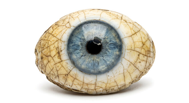 Antique Prosthetic Eye with Cracked Sclera, Blue Iris, Isolated