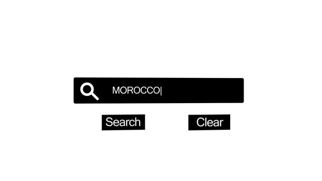 A minimalist featuring a black search bar with the word MOROCO typed inside and a blinking cursor, along with Search and Clear buttons, presented on a
