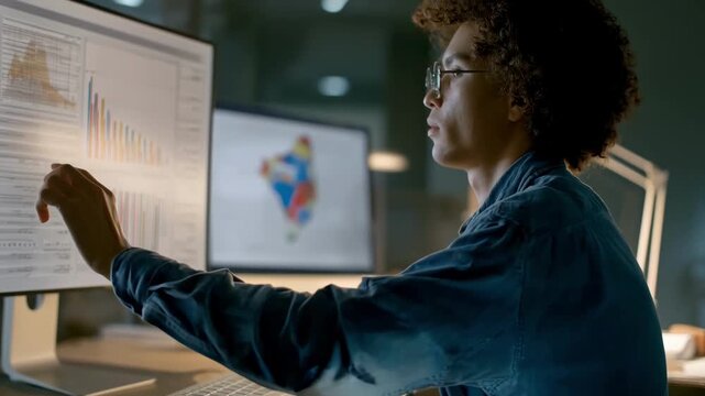 Medium shot of a professional analyzing grant proposals on a computer using AIdriven adaptive algorithms to optimize funding decisions effectively.