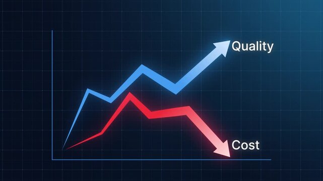 Business chart illustrating improving quality and cost reduction with blue upward and red downward arrows. Visualize performance optimization for business strategy, management and resource efficiency 