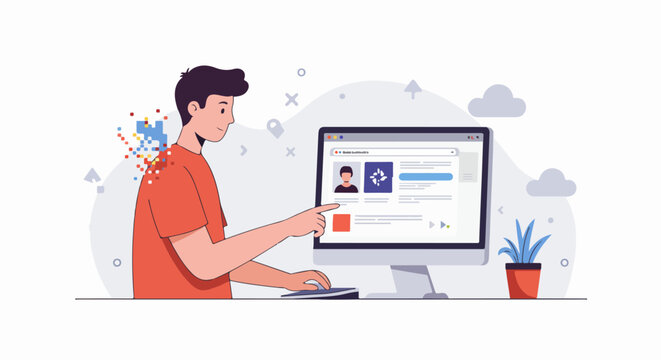 Young man interacting with his digital profile on a desktop screen, symbolizing online identity, data privacy, and social media management.