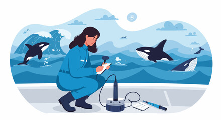 Marine biologist monitoring killer whales and ocean ecology, conducting research and taking notes amidst blue waves. © Sabrina