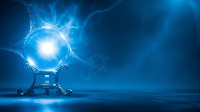 Glowing crystal ball on ornate stand with swirling blue smoke and bright light beam inside crystal ball on dark blue background  mysticism