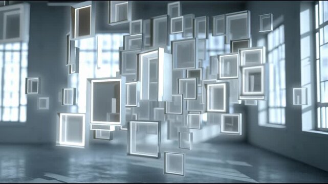 Glowing squares float in an empty room with large windows and a shiny floor.