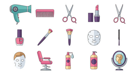 Obraz premium Beauty Salon Icons: Hair Dryer, Scissors, Lipstick, Makeup Brushes, Chair