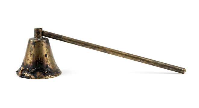 Antique Brass Candle Snuffer. Vintage Wick Trimmer Tool Isolated White.
