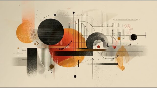 The artwork features a vibrant abstract composition with geometric shapes and lines on a beige background.