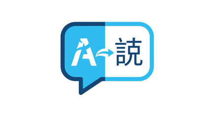 Fototapeta premium Digital language translation icon: AI translating speech from English to Japanese