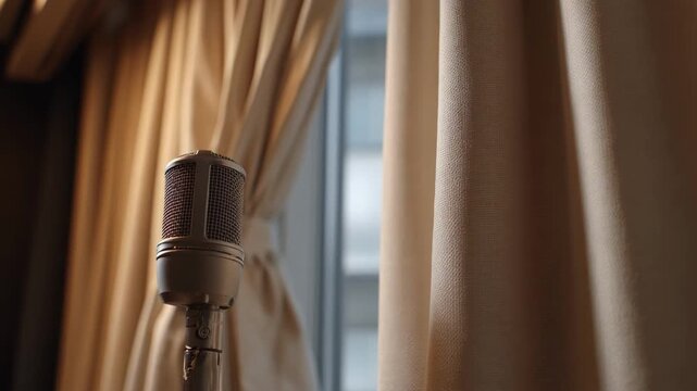 Medium shot capturing thick noisereducing curtains being adjusted to cover audiology room windows for optimal sound isolation