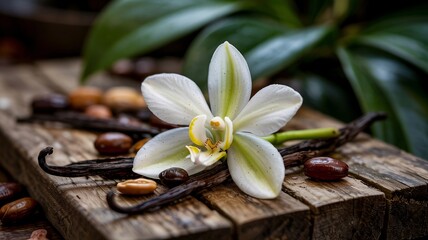 Fototapeta premium White plumeria flower close up with vanilla beans and coffee beans on wooden board macro nature
