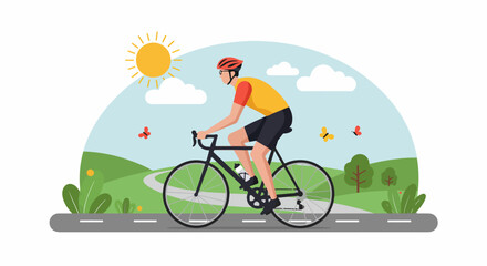 Fototapeta premium Happy cyclist riding a bicycle on a scenic summer road through green park hills under a sunny sky.