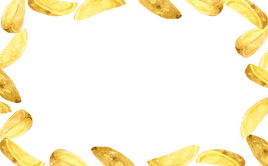 ナチュラルカットのフライドポテトのフレーム　料理・食べ物の手描き水彩イラスト背景素材
