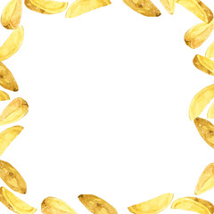 ナチュラルカットのフライドポテトのフレーム　料理・食べ物の手描き水彩イラスト背景素材