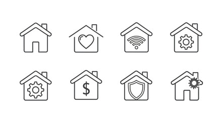Smart Home Icons: House Symbols with Technology, Finance, Security, and Love Icons