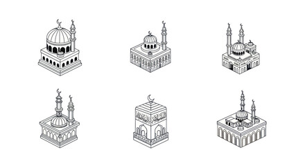 Obraz premium Isometric Islamic mosque icons set with crescent moons and minarets, black line art for religious and architectural design projects