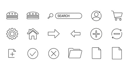 Minimalist UI Icons Set: Food, Search, Home, User, Cart, Settings, Arrows, Add, Remove