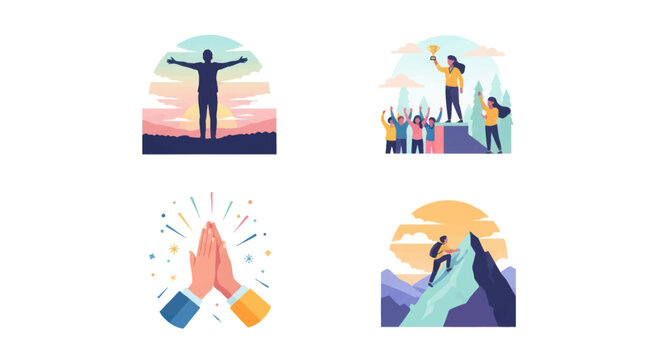 Motivation and success concept illustrations showing personal achievement, teamwork victory, collaboration high five, and mountain climbing challenge for inspiration