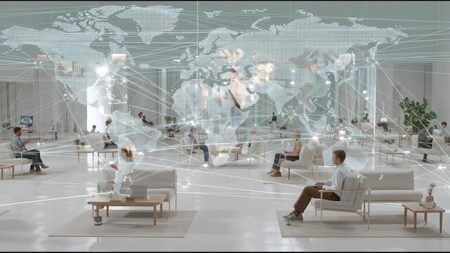 People in a modern office space with world map and network connections on the ceiling interact globally.