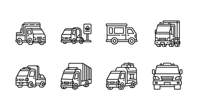 Set of black and white truck and van icon outlines including delivery, fire, cargo, and commercial vehicles for transport and logistics illustrations