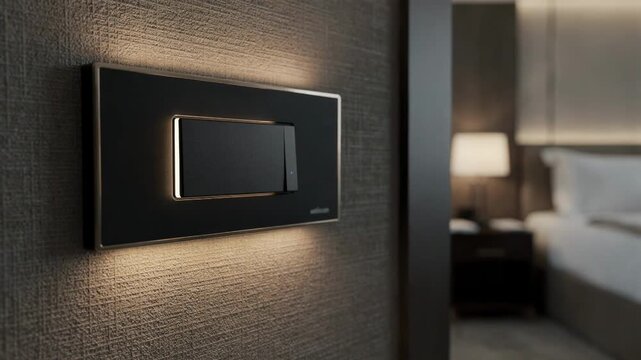 Professional medium shot of luxury guest room lighting panel upgrades illuminated switch in sharp focus emphasizing sophisticated design with room depth blurred.
