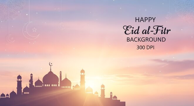 Eid al fitr celebration background mosque silhouette against sunset sky