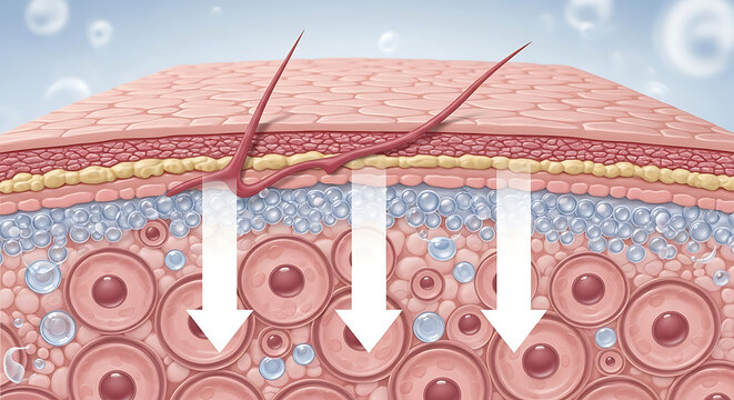 Cross section of skin layers with hydration absorption