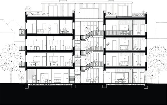 Architectural sectional view of a modern apartment building with rooftop terraces, interior layouts, and a central atrium staircase.