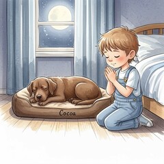 A praying little boy with his dog beside him
