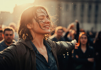 Joyful Young Woman Celebrating in Rain With Open Arms Amid Urban Crowd at Golden Hour