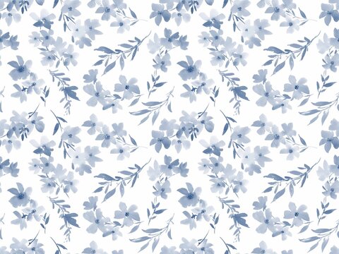 Watercolor indigo blue ditsy floral seamless pattern for fabric and home decor. Cute small floral textile design.
