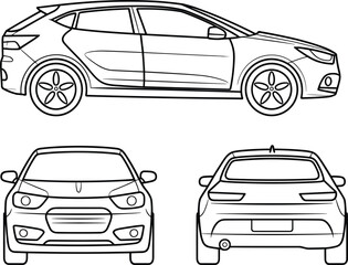 Fototapeta premium Black and white line art drawings of a modern hatchback car from three angles Keywords: car, automobile, vehicle, hatchback