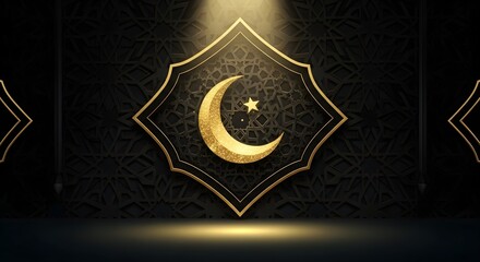 Fototapeta premium Golden crescent moon and star design on a dark background with elegant framing