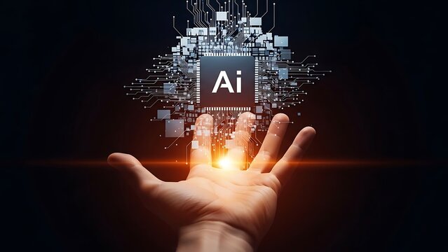 Hand holding a futuristic artificial intelligence microchip with glowing light on dark background