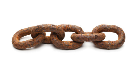 Fototapeta premium Heavy Rusty Metal Chain Links on White Background, Industrial Strength Concept