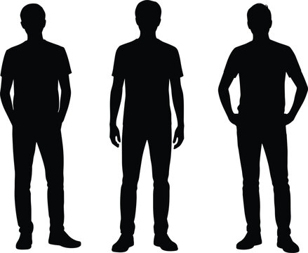 Three male silhouettes standing in casual poses on white background Keywords: silhouette, men, male, standing, casual, figures